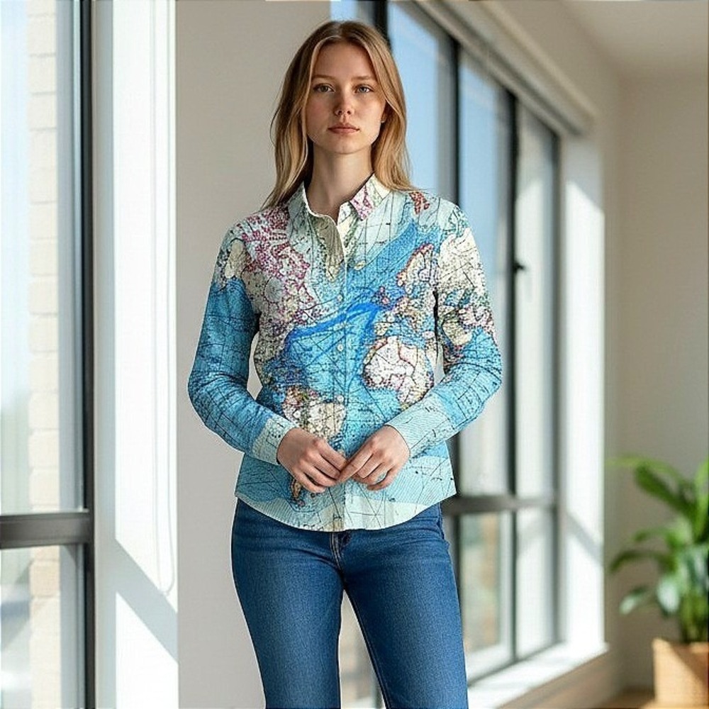 World Map Print Button Down Shirt Women Large Long Sleeve Cotton Blend Blue Top